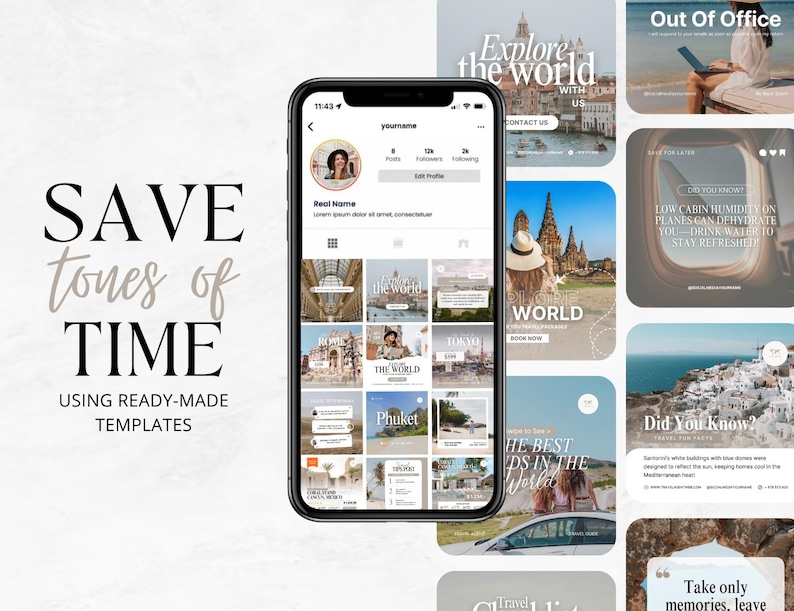 K&ouml;nnte beinhalten: Ein Telefonbildschirm zeigt ein Social-Media-Profil mit einem Raster von Reisebildern. Die Bilder zeigen Ziele wie Thailand, die Welt und die besten Orte der Welt. Der Text "Explore the world" und "Spare viel Zeit mit vorgefertigten Vorlagen" ist ebenfalls sichtbar.