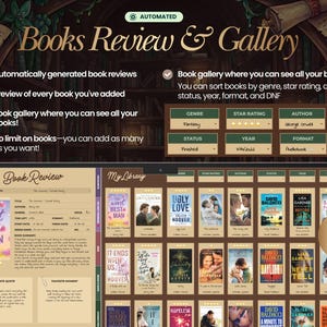 May include: A digital interface for a book review and gallery application. The screen displays book covers, review details, and sorting options. Text includes "Books Review & Gallery," "Book Lovers Day," and features like automatically generated reviews and book sorting.