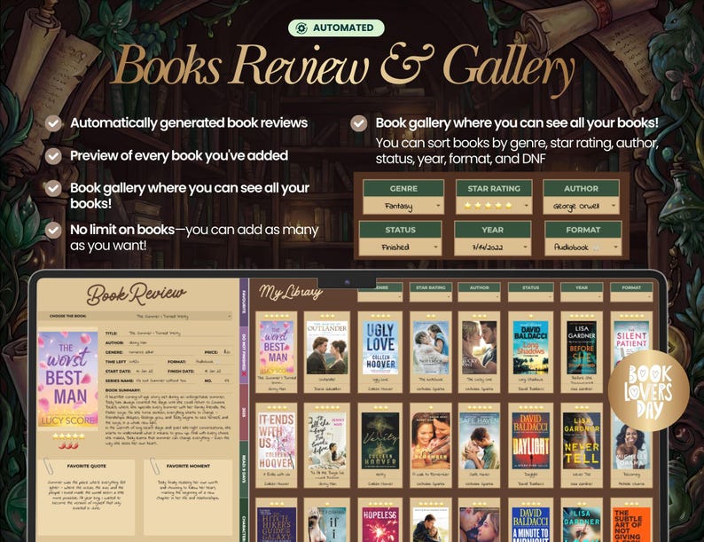 May include: A digital interface for a book review and gallery application. The screen displays book covers, review details, and sorting options. Text includes "Books Review & Gallery," "Book Lovers Day," and features like automatically generated reviews and book sorting.