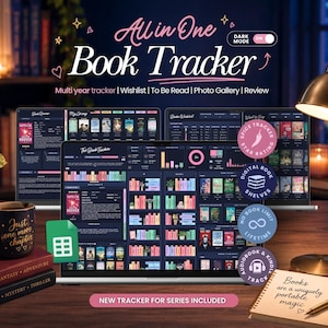 May include: A digital book tracker interface displayed on laptop screens, featuring a dark mode theme with colourful book cover thumbnails, reading progress charts, and lists. Text includes All in One Book Tracker, Multi year tracker, Wishlist, To Be Read, Photo Gallery, Review, and New tracker for series included.