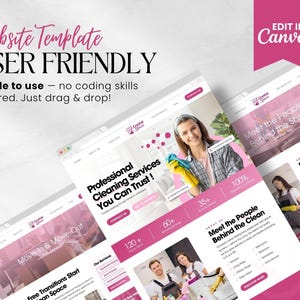 K&ouml;nnte beinhalten: Ein Website-Template-Design in Rosa und Wei&szlig;. Der Text lautet "Website Template User Friendly" und "Einfach zu bedienen - keine Programmierkenntnisse erforderlich. Einfach per Drag & Drop!" Das Template zeigt Beispiele f&uuml;r Reinigungsdienst-Websites.