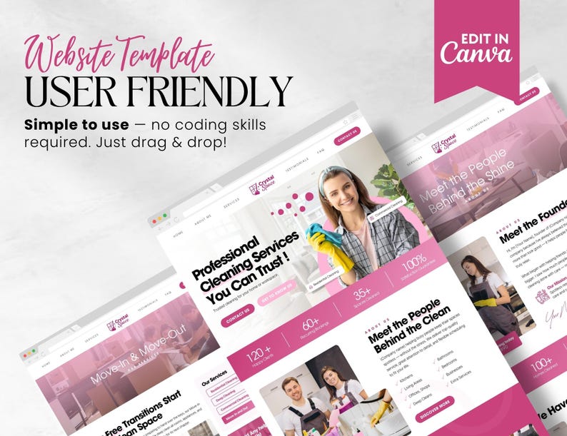K&ouml;nnte beinhalten: Ein Website-Template-Design in Rosa und Wei&szlig;. Der Text lautet "Website Template User Friendly" und "Einfach zu bedienen - keine Programmierkenntnisse erforderlich. Einfach per Drag & Drop!" Das Template zeigt Beispiele f&uuml;r Reinigungsdienst-Websites.