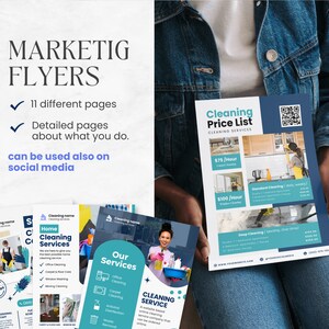 Puede incluir: Un conjunto de folletos para un servicio de limpieza. Los folletos son azules y verdes con un fondo blanco. Los folletos anuncian servicios de limpieza de hogar, servicios de limpieza de oficinas y servicios de limpieza de alfombras. Los folletos tambi&eacute;n incluyen una lista de precios para diferentes servicios de limpieza.