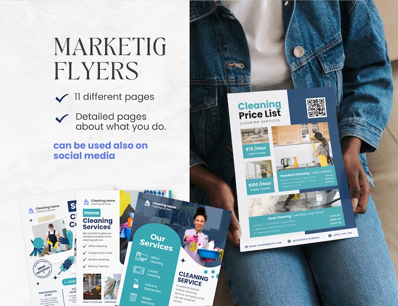 Puede incluir: Un conjunto de folletos para un servicio de limpieza. Los folletos son azules y verdes con un fondo blanco. Los folletos anuncian servicios de limpieza de hogar, servicios de limpieza de oficinas y servicios de limpieza de alfombras. Los folletos tambi&eacute;n incluyen una lista de precios para diferentes servicios de limpieza.