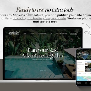 May include: A laptop and smartphone display a website with the text "Plan Your Next Adventure Together." The laptop screen shows a website with a tropical scene. The smartphone displays a mobile version of the site. Text reads "Ready to use no extra tools."