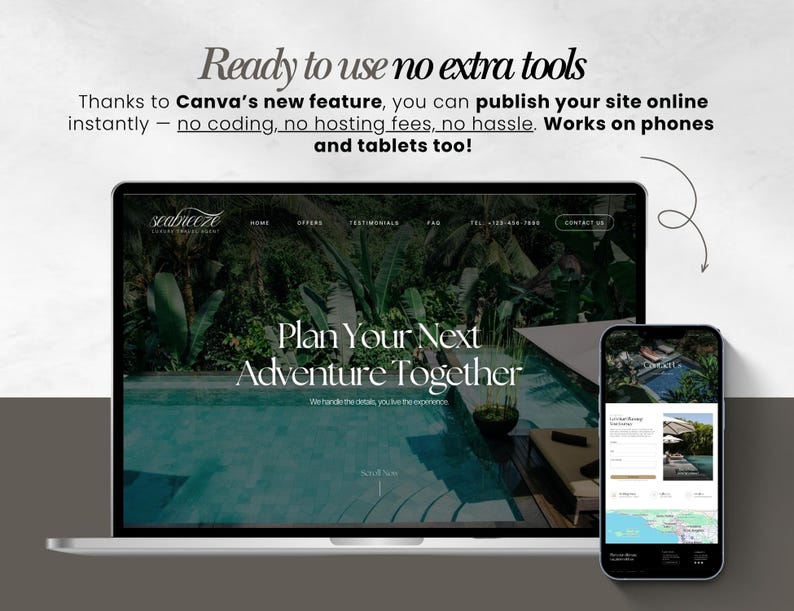 May include: A laptop and smartphone display a website with the text "Plan Your Next Adventure Together." The laptop screen shows a website with a tropical scene. The smartphone displays a mobile version of the site. Text reads "Ready to use no extra tools."