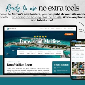 May include: A laptop and smartphone display a website design for a tropical vacation. The laptop screen shows "Baros Island, Maldives" with a 10% sale banner. The phone displays a resort page. Text reads "Ready to use no extra tools."