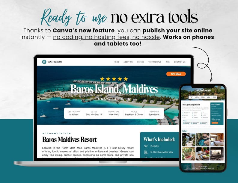 May include: A laptop and smartphone display a website design for a tropical vacation. The laptop screen shows "Baros Island, Maldives" with a 10% sale banner. The phone displays a resort page. Text reads "Ready to use no extra tools."