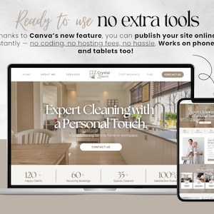 May include: A laptop and smartphone show a website design for a cleaning service. The laptop screen displays "Expert Cleaning with a Personal Touch." Text at the top reads "Ready to use no extra tools."