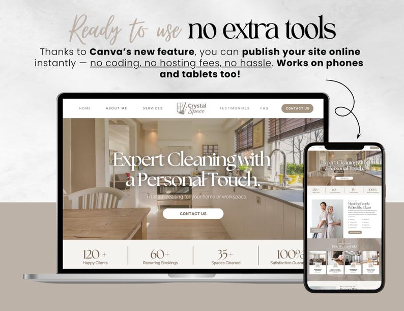 May include: A laptop and smartphone show a website design for a cleaning service. The laptop screen displays "Expert Cleaning with a Personal Touch." Text at the top reads "Ready to use no extra tools."