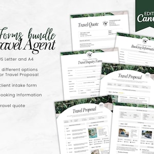 May include: A bundle of travel agent forms, including a travel quote, travel inquiry form, and booking information. The forms are available in US Letter and A4 sizes. The image also includes the text "Forms bundle Travel Agent".
