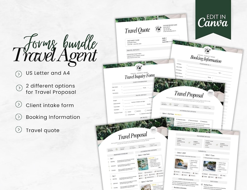 May include: A bundle of travel agent forms, including a travel quote, travel inquiry form, and booking information. The forms are available in US Letter and A4 sizes. The image also includes the text "Forms bundle Travel Agent".