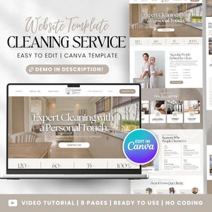 May include: A website template for a cleaning service, displayed on a laptop and several other pages. The template is easy to edit in Canva. The main page features the text "Expert Cleaning with a Personal Touch."