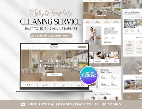 Cleaning Service Website Template, Cleaning Business, Professional Cleaning Website, Commercial Cleaning, Residential Cleaning, Canva