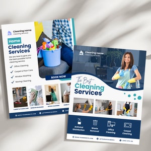 Puede incluir: Dos folletos que anuncian servicios de limpieza para el hogar y la oficina. El primer folleto presenta a una mujer sosteniendo un cubo de productos de limpieza y el texto "Servicios de limpieza del hogar". El segundo folleto presenta a una mujer con uniforme de limpieza y el texto "Los mejores servicios de limpieza".