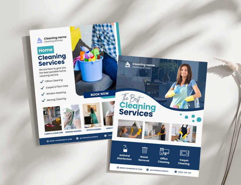 Puede incluir: Dos folletos que anuncian servicios de limpieza para el hogar y la oficina. El primer folleto presenta a una mujer sosteniendo un cubo de productos de limpieza y el texto "Servicios de limpieza del hogar". El segundo folleto presenta a una mujer con uniforme de limpieza y el texto "Los mejores servicios de limpieza".