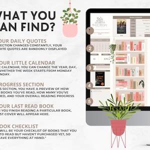 May include: A digital book library interface displayed on a computer monitor. The interface includes sections for daily quotes, a calendar, reading progress, the last read book, and a book checklist. Decorative plants are placed around the monitor.