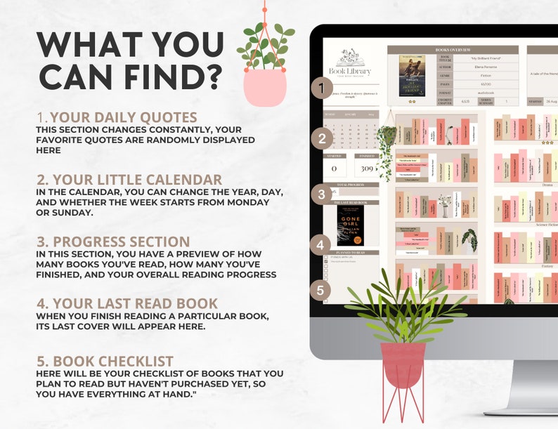 May include: A digital book library interface displayed on a computer monitor. The interface includes sections for daily quotes, a calendar, reading progress, the last read book, and a book checklist. Decorative plants are placed around the monitor.