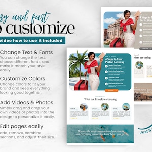 May include: A digital marketing template with the text "Easy and fast to customize." The template includes sections for travel tips, customer testimonials, and a call to action. The design features images of a woman with luggage and tropical scenery.