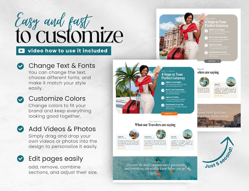 May include: A digital marketing template with the text "Easy and fast to customize." The template includes sections for travel tips, customer testimonials, and a call to action. The design features images of a woman with luggage and tropical scenery.
