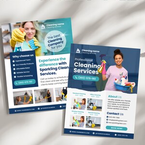 Puede incluir: Un folleto azul y blanco que anuncia servicios profesionales de limpieza. El folleto presenta a una mujer sonriente sosteniendo un cubo de productos de limpieza y el texto "Servicios de limpieza profesionales" con un n&uacute;mero de tel&eacute;fono. El folleto tambi&eacute;n incluye una lista de los servicios ofrecidos, los precios y la informaci&oacute;n de contacto.