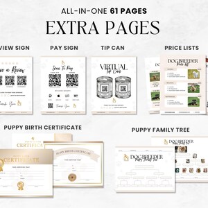 May include: A set of printable signs and certificates for dog breeders. The signs include a review sign, a pay sign, a tip can sign, and a price list. The certificates include a puppy birth certificate and a puppy family tree.