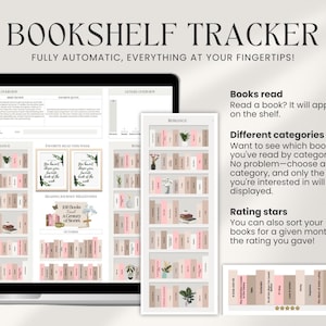 May include: A digital bookshelf tracker with a pink and brown color scheme. The tracker allows you to track books read, categorize books, and rate books. The text on the screen reads "Books read", "Different categories", and "Rating stars".
