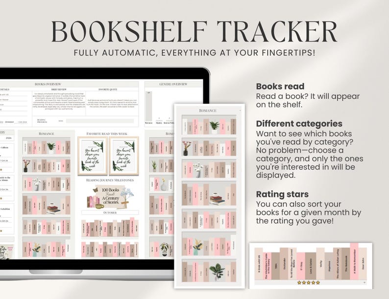 May include: A digital bookshelf tracker with a pink and brown color scheme. The tracker allows you to track books read, categorize books, and rate books. The text on the screen reads "Books read", "Different categories", and "Rating stars".