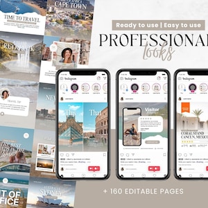 K&ouml;nnte beinhalten: Eine Sammlung von Instagram-Post-Vorlagen f&uuml;r Reiseblogger. Die Vorlagen zeigen Bilder von verschiedenen Reisezielen, darunter Island, Australien, Mexiko und Italien. Die Vorlagen sind f&uuml;r die Verwendung mit dem Instagram-Rasterlayout konzipiert und enthalten Textfelder f&uuml;r Bildunterschriften und Hashtags. Die Vorlagen sind auch editierbar, sodass du sie an deine eigene Marke und deinen eigenen Stil anpassen kannst.