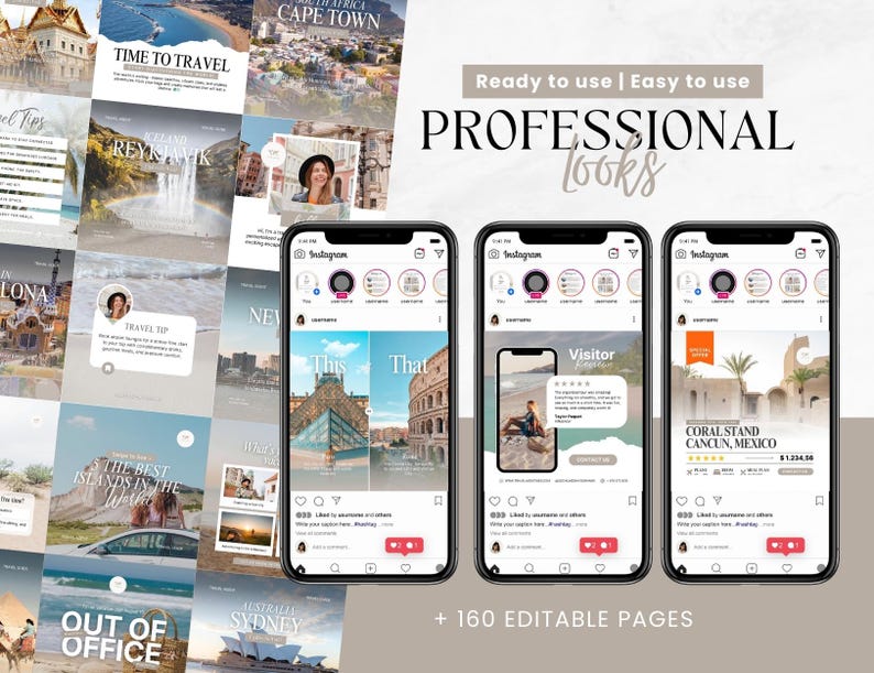 K&ouml;nnte beinhalten: Eine Sammlung von Instagram-Post-Vorlagen f&uuml;r Reiseblogger. Die Vorlagen zeigen Bilder von verschiedenen Reisezielen, darunter Island, Australien, Mexiko und Italien. Die Vorlagen sind f&uuml;r die Verwendung mit dem Instagram-Rasterlayout konzipiert und enthalten Textfelder f&uuml;r Bildunterschriften und Hashtags. Die Vorlagen sind auch editierbar, sodass du sie an deine eigene Marke und deinen eigenen Stil anpassen kannst.