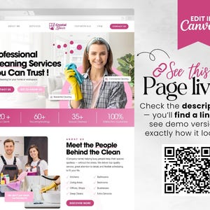 K&ouml;nnte beinhalten: Ein Website-Mockup f&uuml;r "Crystal Space" Reinigungsdienste, mit einer Frau, die Reinigungsmittel h&auml;lt. Das Design umfasst rosa Akzente, einen Call-to-Action und einen QR-Code mit dem Text "See this Page live!" und "Edit in Canva".