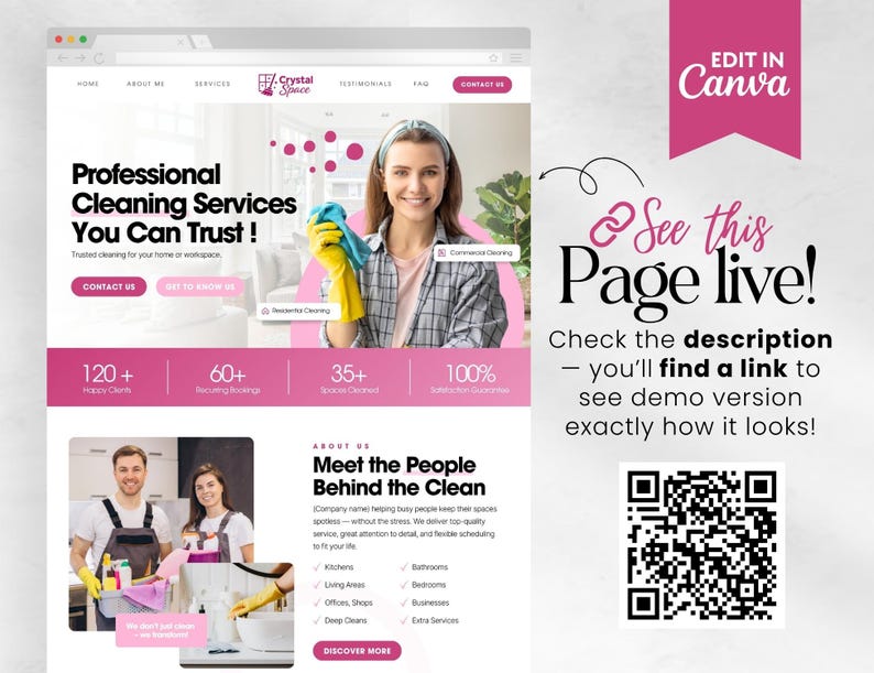 K&ouml;nnte beinhalten: Ein Website-Mockup f&uuml;r "Crystal Space" Reinigungsdienste, mit einer Frau, die Reinigungsmittel h&auml;lt. Das Design umfasst rosa Akzente, einen Call-to-Action und einen QR-Code mit dem Text "See this Page live!" und "Edit in Canva".
