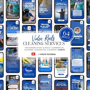 May include: A collage of blue smartphone screens displaying cleaning service-related content. The screens feature text such as "Video Reels Cleaning Services", "Cleaning Services", and "Crystal Clear Views, Every Time". The image promotes Instagram stories and reels.