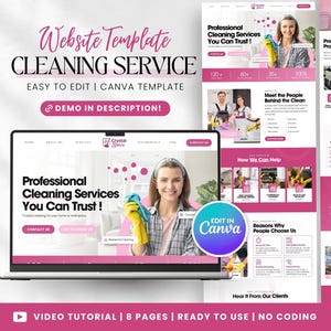 K&ouml;nnte beinhalten: Eine Website-Vorlage f&uuml;r einen Reinigungsservice, mit einem Laptop, der ein Website-Design zeigt. Das Design enth&auml;lt den Text "Professional Cleaning Services You Can Trust!" und rosa Akzente. Einfach zu bearbeiten.