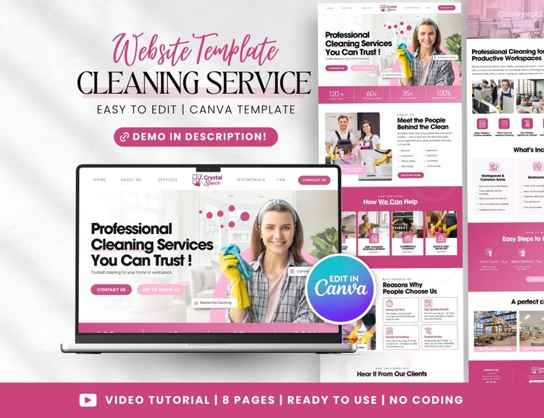 K&ouml;nnte beinhalten: Eine Website-Vorlage f&uuml;r einen Reinigungsservice, mit einem Laptop, der ein Website-Design zeigt. Das Design enth&auml;lt den Text "Professional Cleaning Services You Can Trust!" und rosa Akzente. Einfach zu bearbeiten.