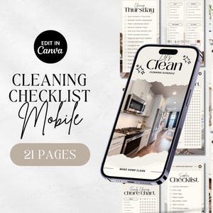 May include: A digital mockup of a phone displaying a cleaning schedule checklist with the text "198 Clean" and "Cleaning Schedule". The phone is on a white surface with other cleaning checklists, including a "Family Chore Chart" and a "Supply Checklist".