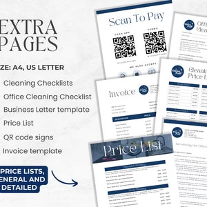 May include: A collection of printable cleaning service templates, including checklists, price lists, and an invoice template. The documents are in a clean, modern design with a navy blue and white color scheme. The text includes "EXTRA PAGES", "Scan To Pay", and "Office Cleaning Checklist".