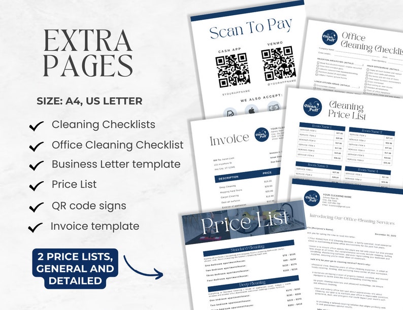 May include: A collection of printable cleaning service templates, including checklists, price lists, and an invoice template. The documents are in a clean, modern design with a navy blue and white color scheme. The text includes "EXTRA PAGES", "Scan To Pay", and "Office Cleaning Checklist".