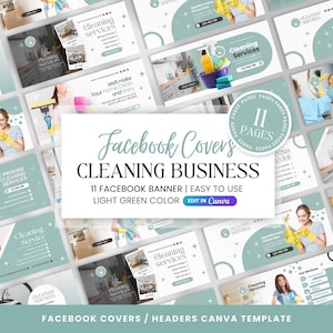 Cleaning Business Facebook Cover Templates: Green Design (Canva Editable, Digital Download)
