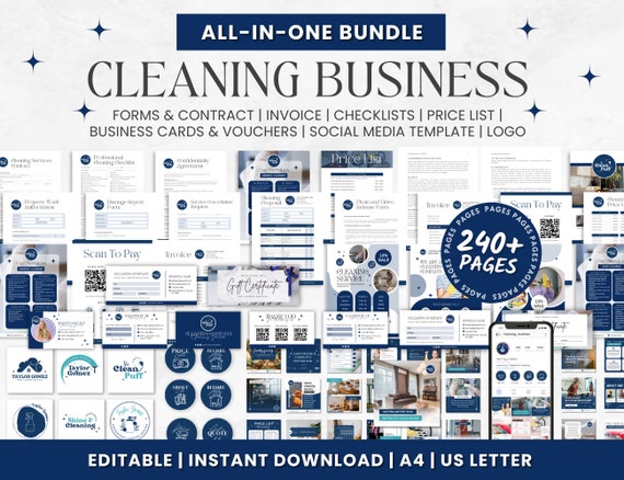 Cleaning Business Bundle: 240+ Forms, Flyers, Logo Templates (Canva Editable, Digital Download)