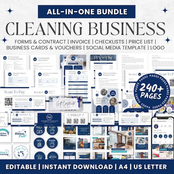 Cleaning Business Bundle, Cleaning Forms, Logo, Service agreement, Cleaning Business flyer, Cleaning Business Cards, Cleaning Social media