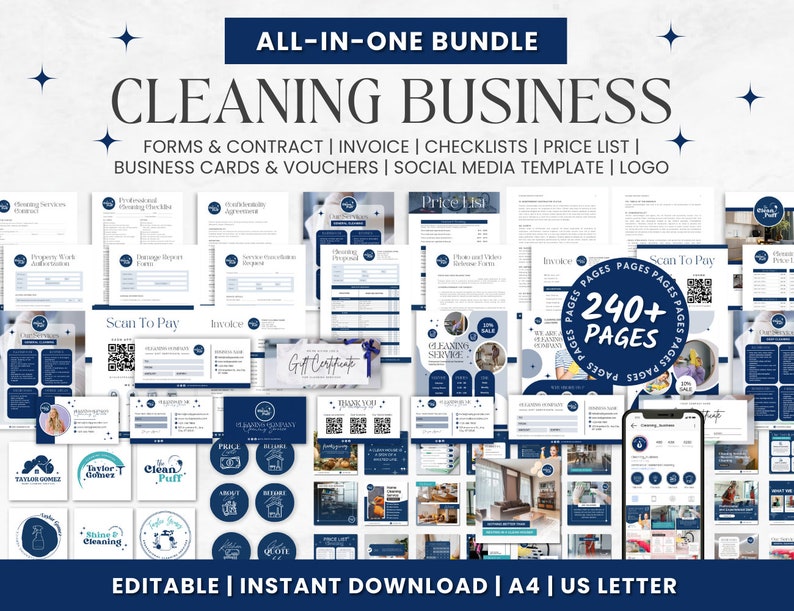 May include: An all-in-one bundle for a cleaning business, featuring forms, invoices, checklists, price lists, business cards, social media templates, and a logo. The design is predominantly blue and white, with the text "CLEANING BUSINESS" prominently displayed. Includes 240+ pages.