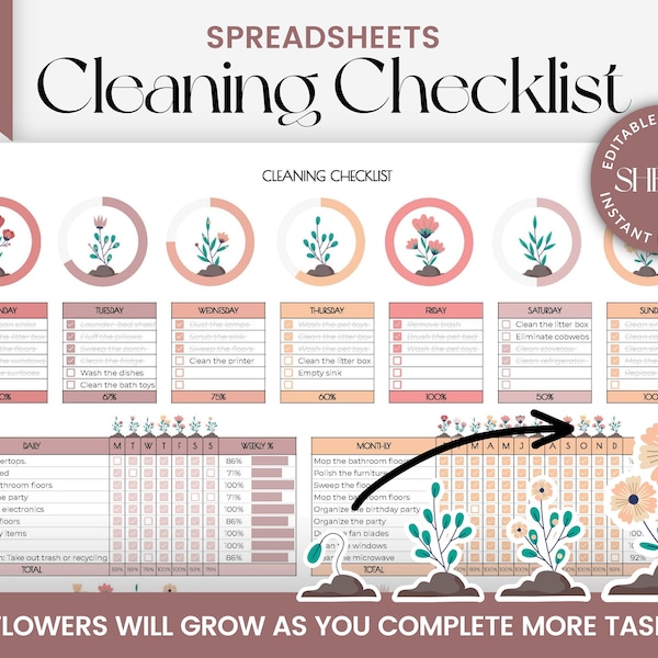 Cleaning Checklist for google sheets | Daily, Weekly, Monthly, Annual Cleaning Schedule | Spreadsheet Template | Household Planner