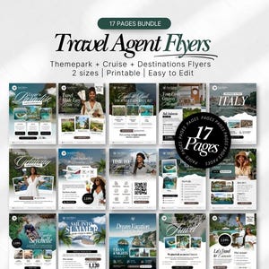 Pode incluir: Um conjunto de 17 folhetos de agentes de viagens. Os folhetos são para parques temáticos, cruzeiros e destinos. O texto inclui "Travel Agent Flyers", "Theme park + Cruise + Destinations Flyers", e "2 sizes | Printable | Easy to Edit".