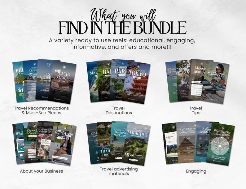K&ouml;nnte beinhalten: Eine Sammlung von Reisef&uuml;hrern und Reels. Das Bild zeigt mehrere Stapel von Brosch&uuml;ren mit Titeln wie "Best Places to See" und "Travel Destinations". Der Text "What you will find in the bundle" steht oben.