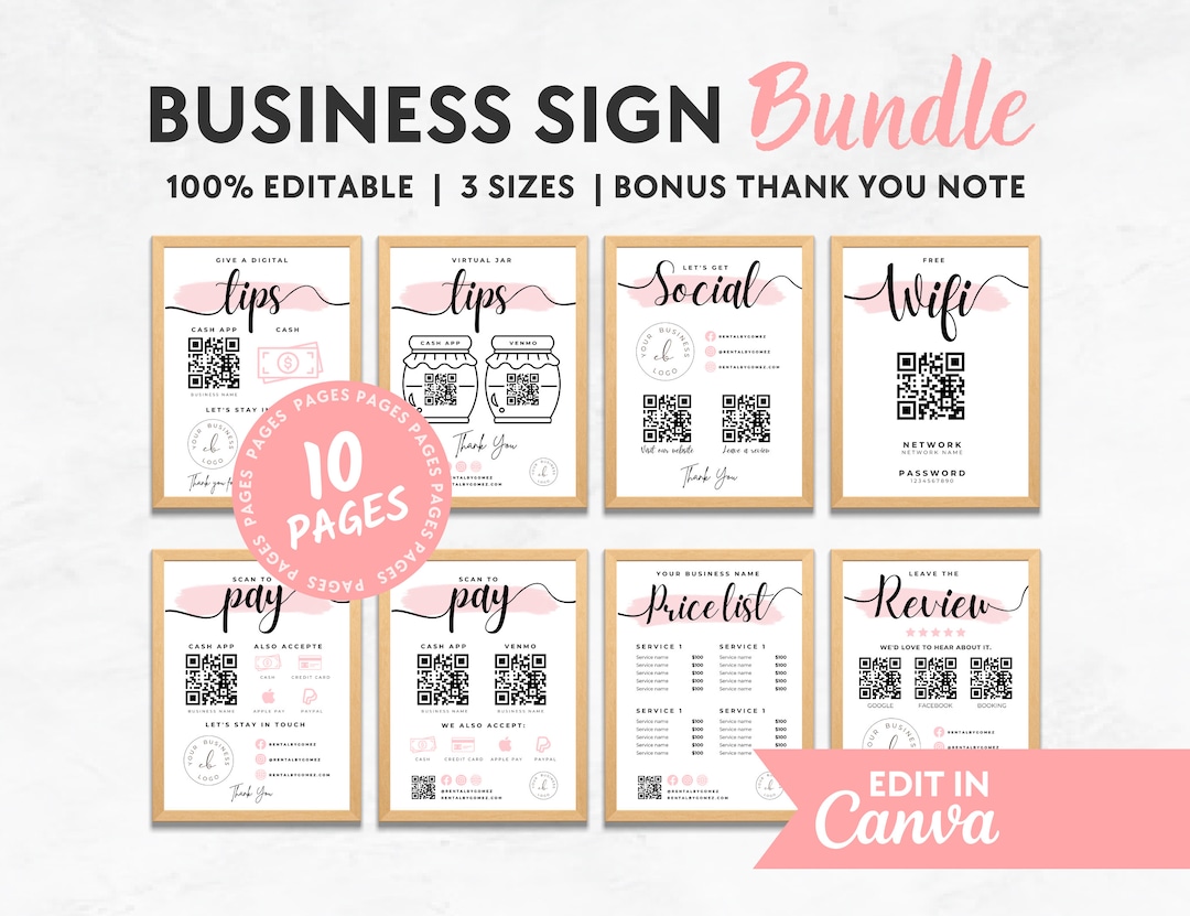Qr Code Sign Bundle Editable Business Sign Bundle: QR Code, Wifi, Payment (canva Template ...