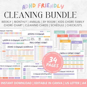 ADHD Cleaning Schedule Bundle, Weekly Monthly Cleaning Checklist, Editable ADHD Cleaning Planner, Adult Chore Chart, Adhd Cleaning template