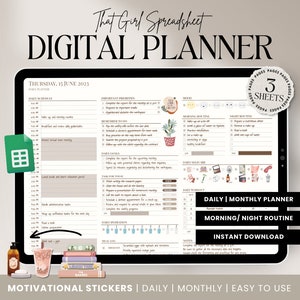 May include: A digital planner with a brown and beige color scheme. The planner has three sheets and includes a daily, monthly, and morning/night routine section. The planner is titled "That Girl Spreadsheet Digital Planner" and includes the text "Motivational Stickers | Daily | Monthly | Easy to Use".