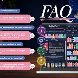 Peut inclure: Un tableau de bord num&eacute;rique de suivi de lecture affich&eacute; sur un &eacute;cran d'ordinateur portable, pr&eacute;sentant une interface sombre avec des ic&ocirc;nes de livres color&eacute;es, des statistiques de lecture et une liste de questions fr&eacute;quentes sur ses fonctionnalit&eacute;s.