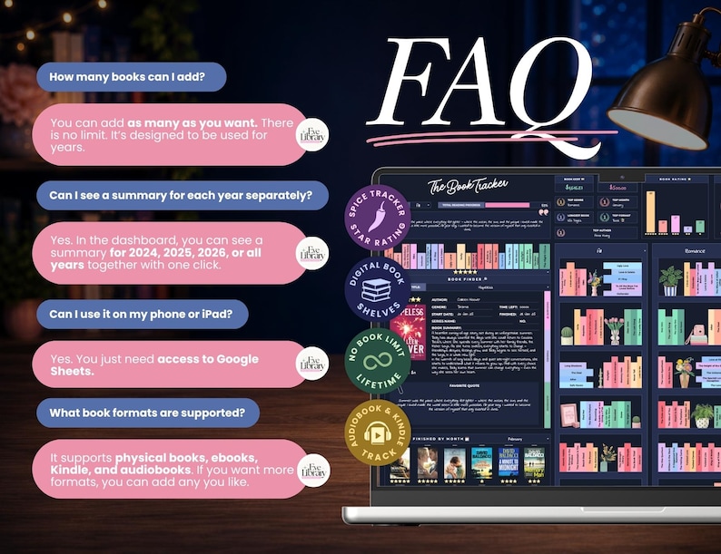 Peut inclure: Un tableau de bord num&eacute;rique de suivi de lecture affich&eacute; sur un &eacute;cran d'ordinateur portable, pr&eacute;sentant une interface sombre avec des ic&ocirc;nes de livres color&eacute;es, des statistiques de lecture et une liste de questions fr&eacute;quentes sur ses fonctionnalit&eacute;s.